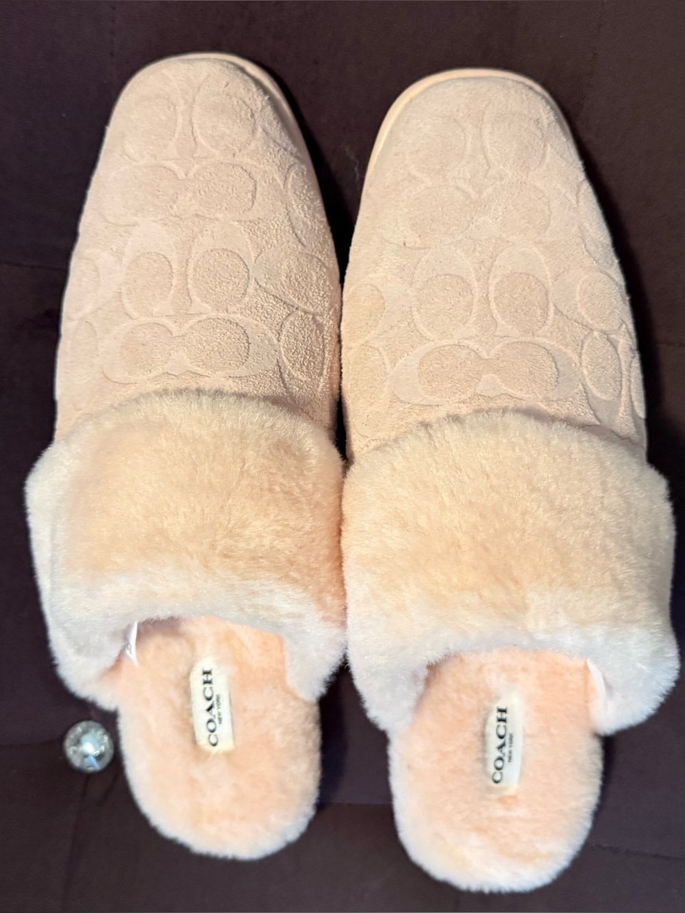 Coach Plush Shearling Mule Slippers in Blush Pink, size 11